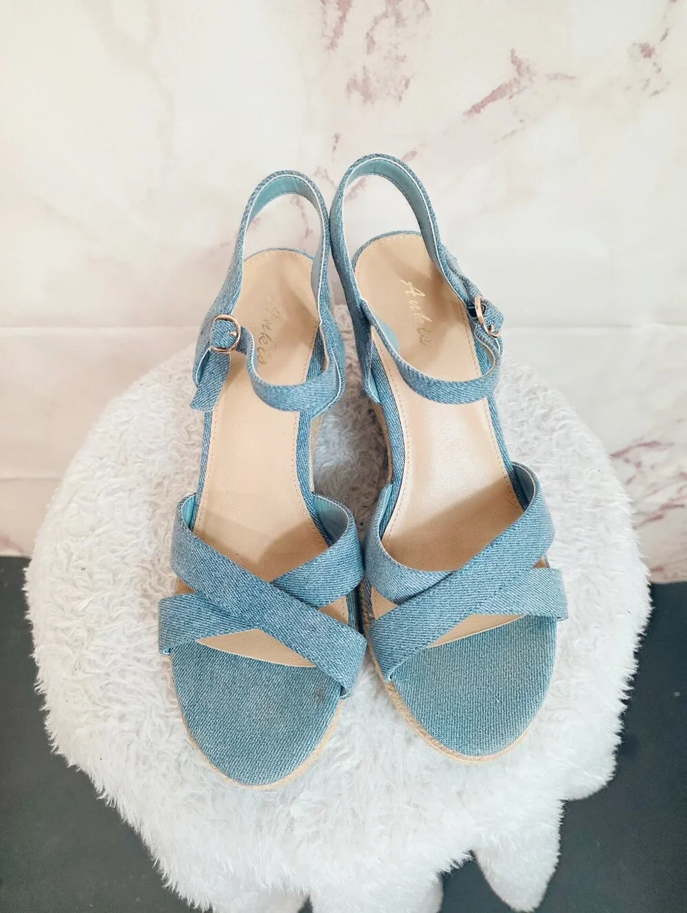 Ankis Blue Denim Espadrille Wedge Sandals Size 9 Ankle Strap Summer